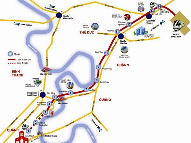  Tuyến metro  Sài Gòn số 1 Bến Thành – Suối Tiên dài gần 20 km, đi qua các quận 1, 2, 9, Bình Thạnh, Thủ Đức (TP HCM) và huyện Dĩ An (Bình Dương). Ảnh: TBKTSG.